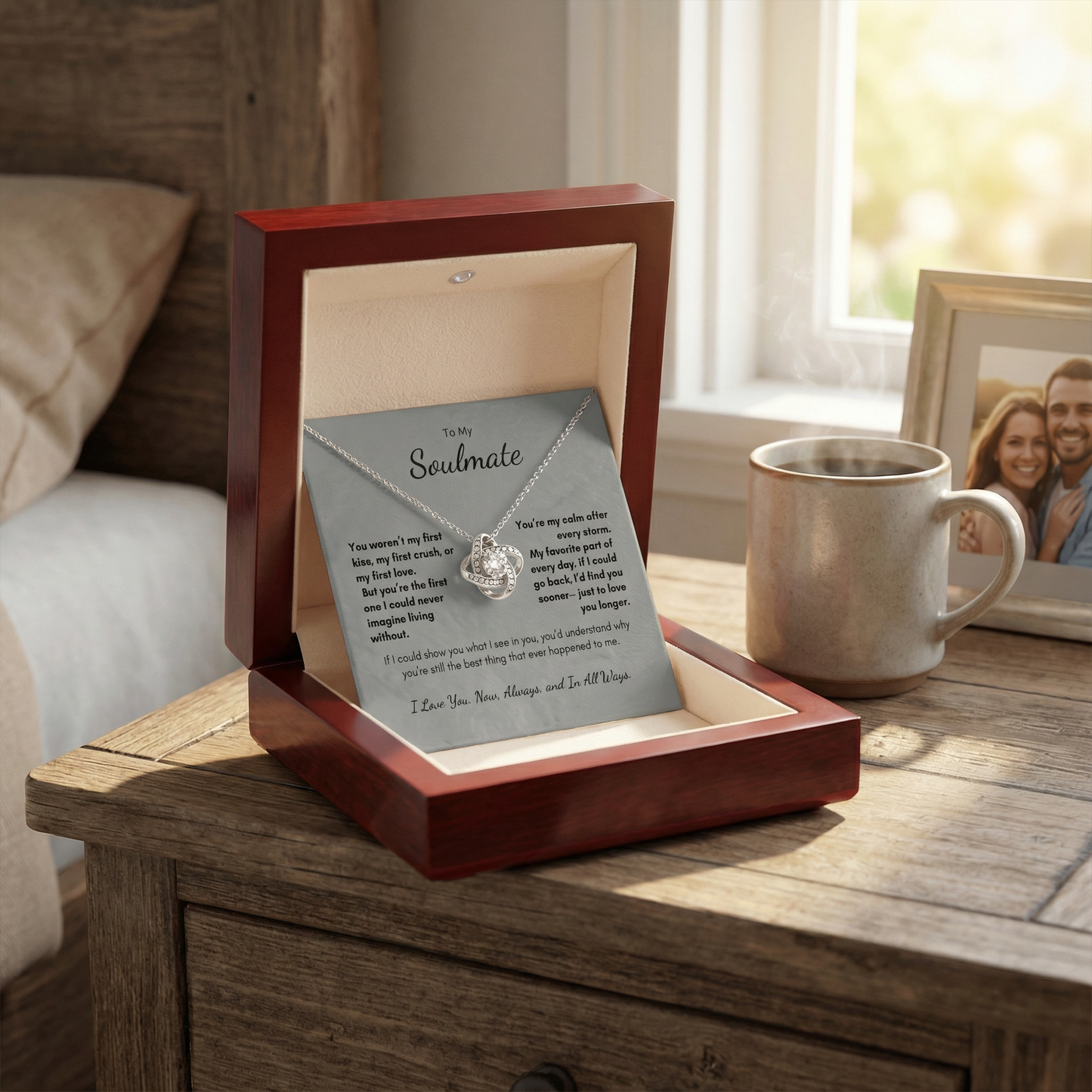 Always Love Knot necklace gift box shown from angled view