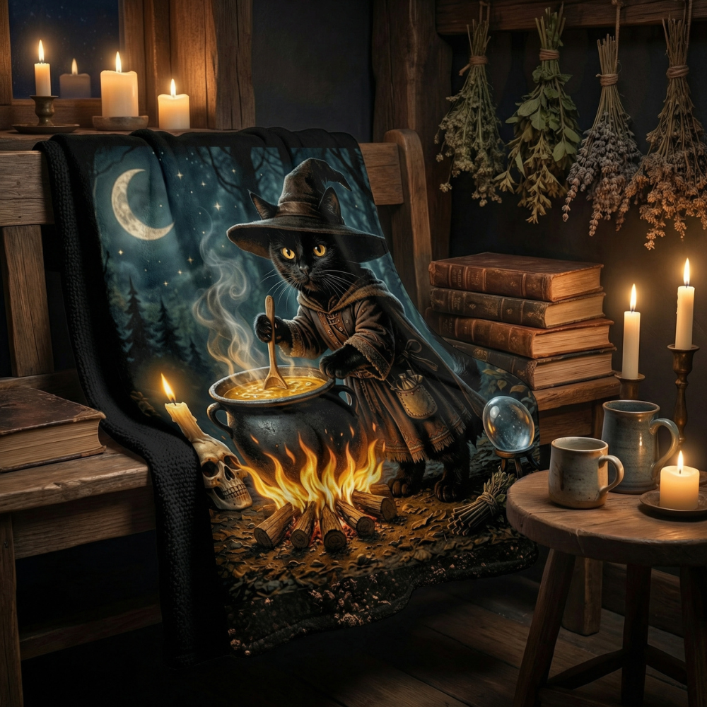 Black Cat Cauldron Wooded Fleece Comfort Blanket