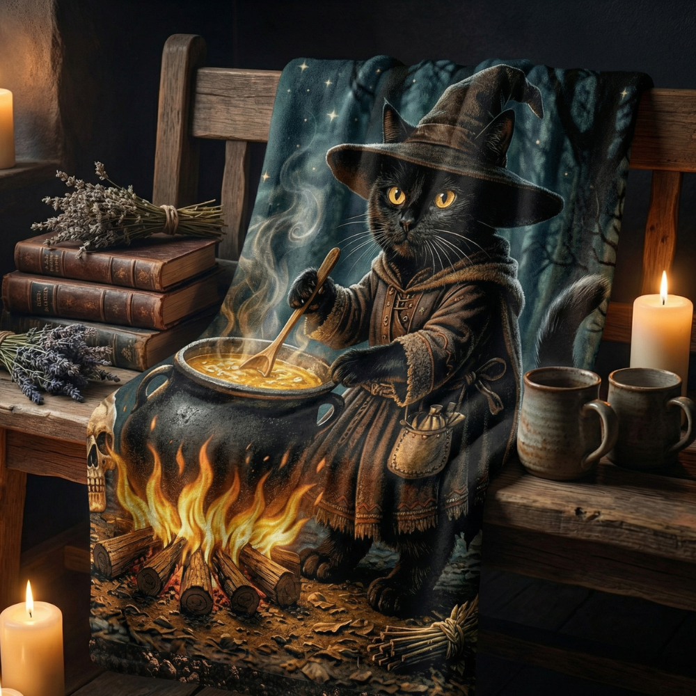 Black Cat Cauldron Wooded Fleece Comfort Blanket