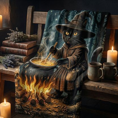 Black Cat Cauldron Wooded Fleece Comfort Blanket