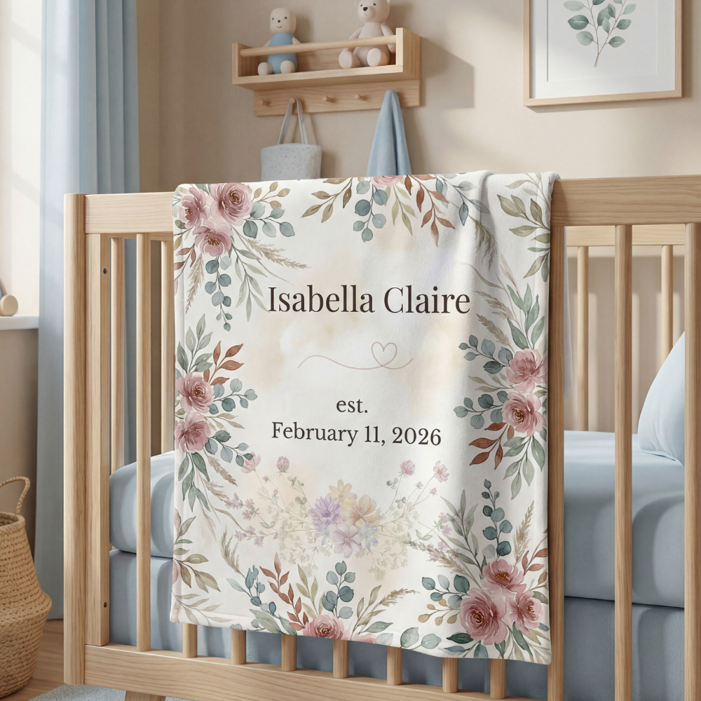 Personalized Floral Keepsake Blanket – Custom Name & Birth Date