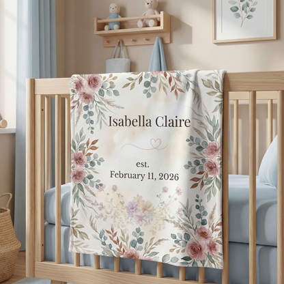 Personalized Floral Keepsake Blanket – Custom Name & Birth Date