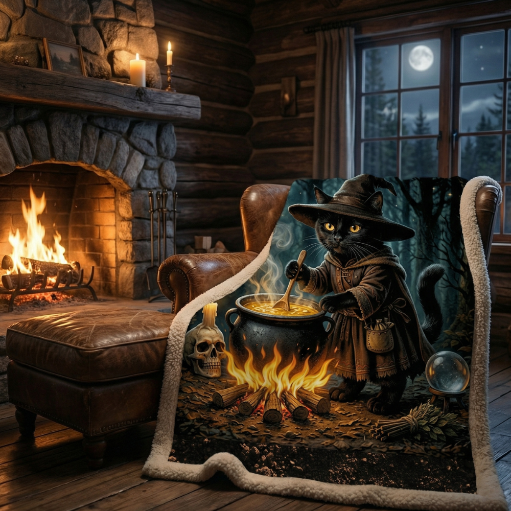 Black Cat Cauldron Wooded Fleece Comfort Blanket