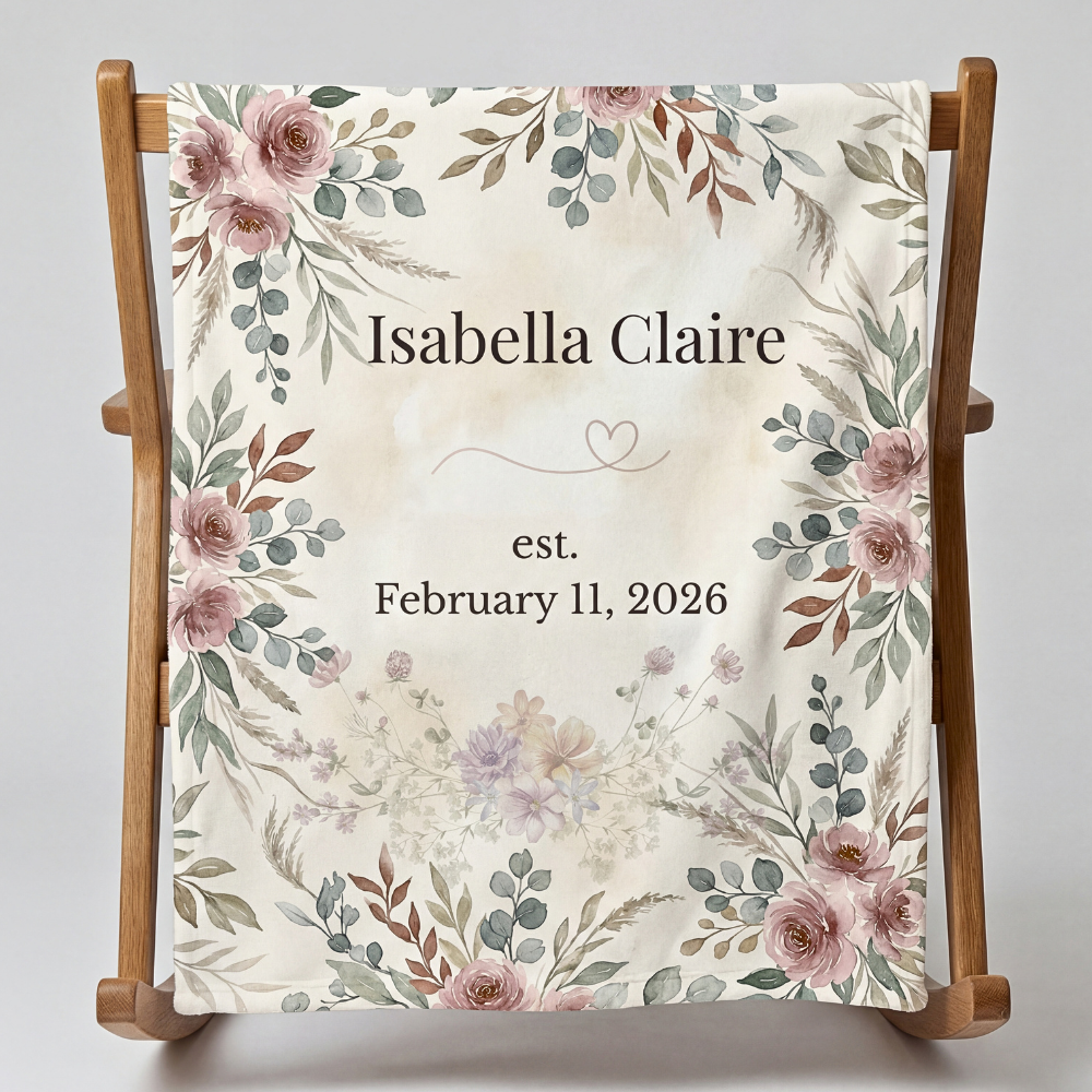 Personalized Floral Keepsake Blanket – Custom Name & Birth Date