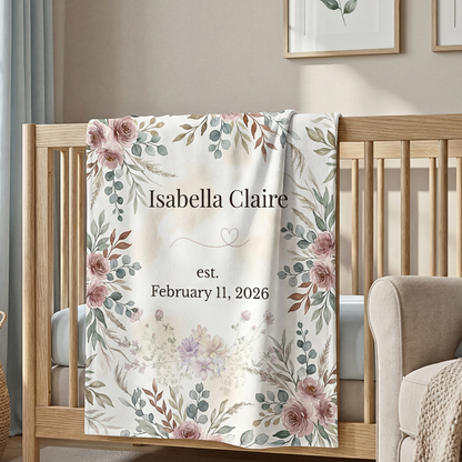 Personalized Floral Keepsake Blanket – Custom Name & Birth Date