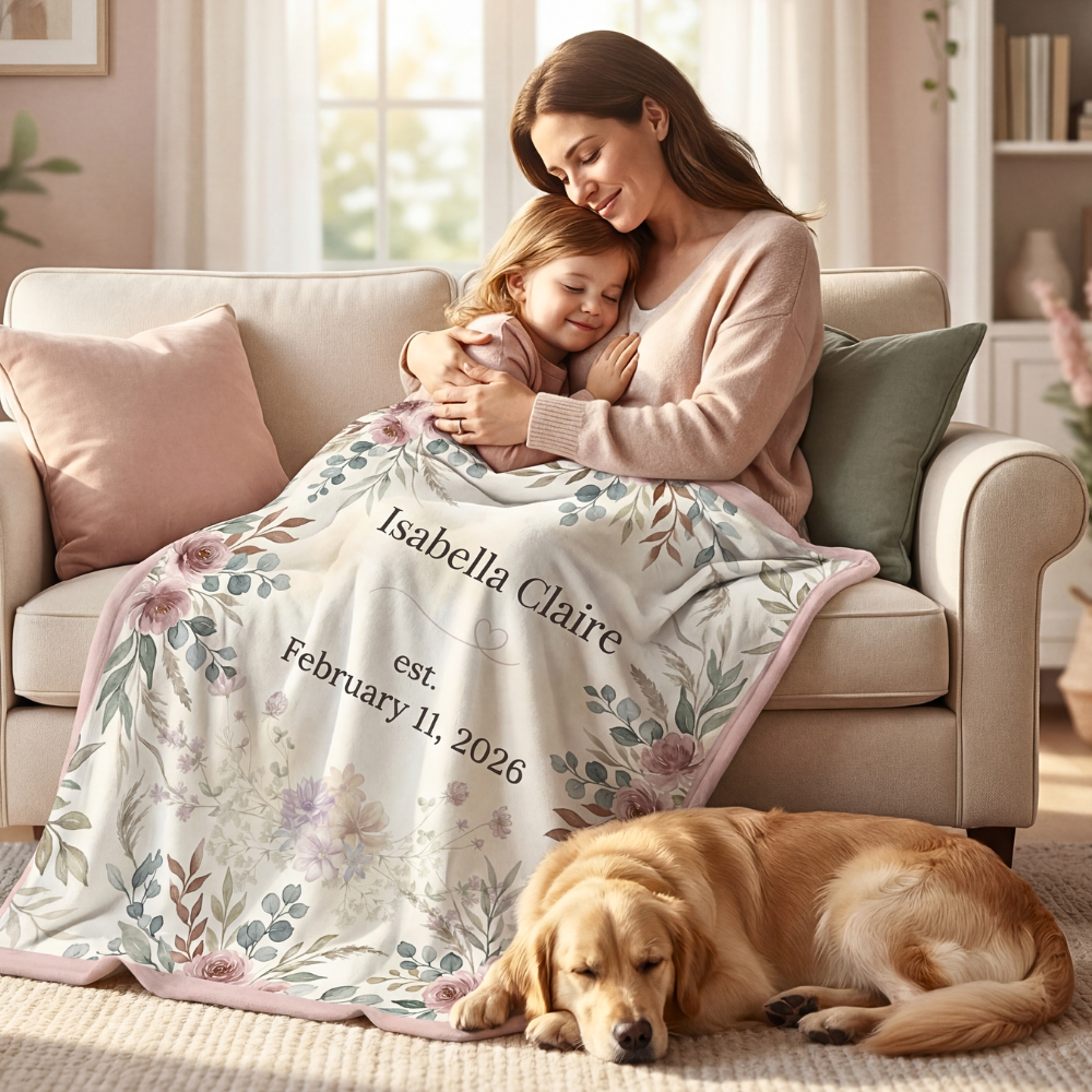 Personalized Floral Keepsake Blanket – Custom Name & Birth Date