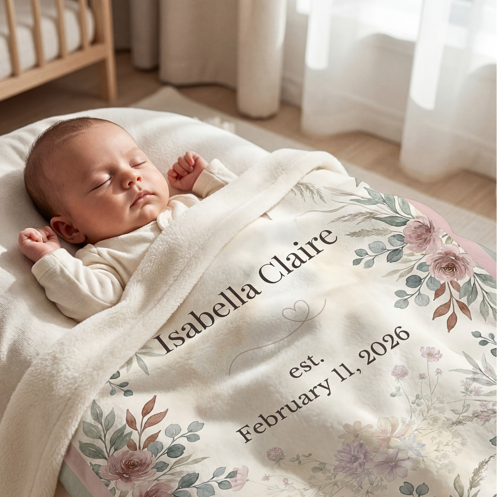 Personalized Floral Keepsake Blanket – Custom Name & Birth Date