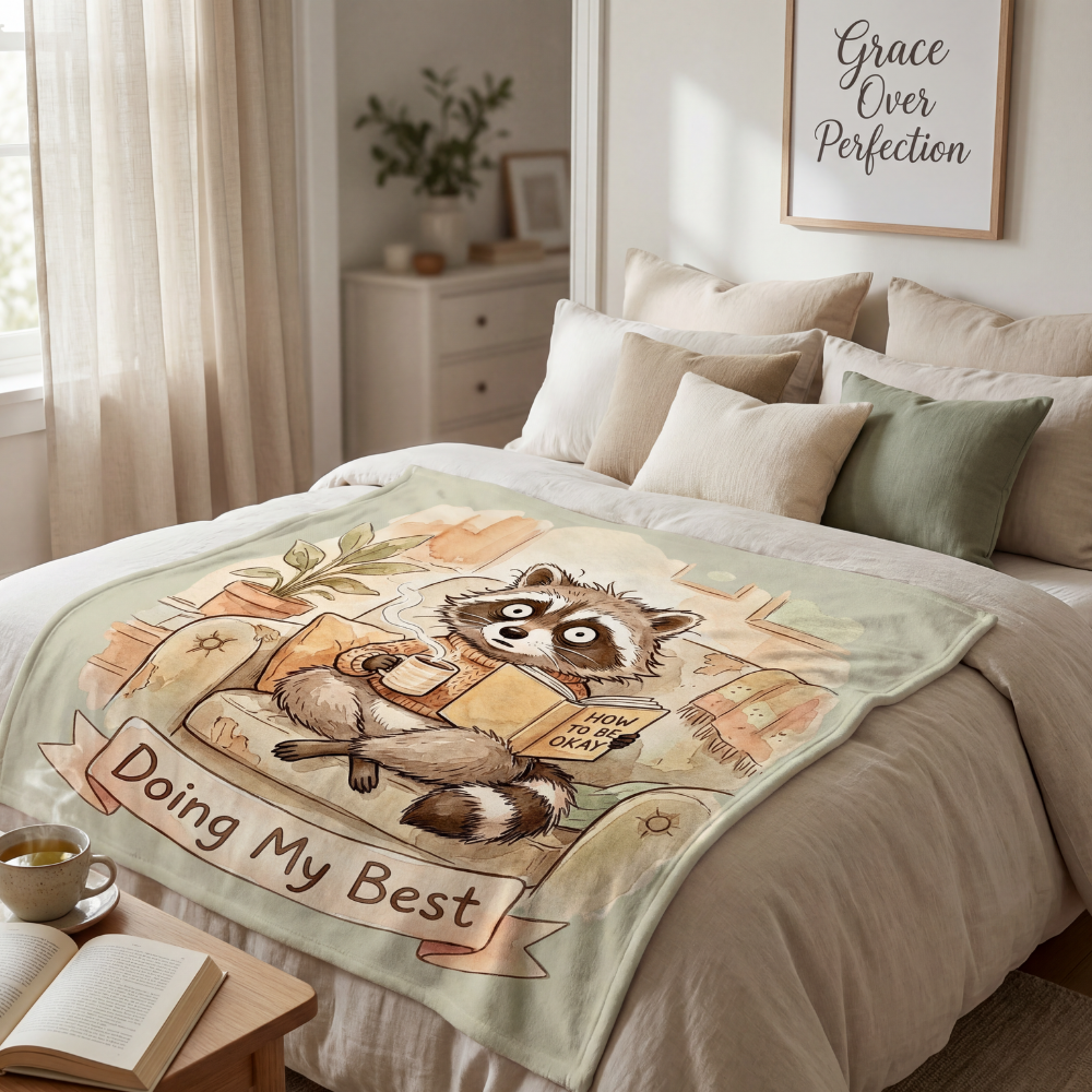 Doing My Best” Raccoon Comfort Blanket – For Burnt‑Out, Big‑Feeling Humans
