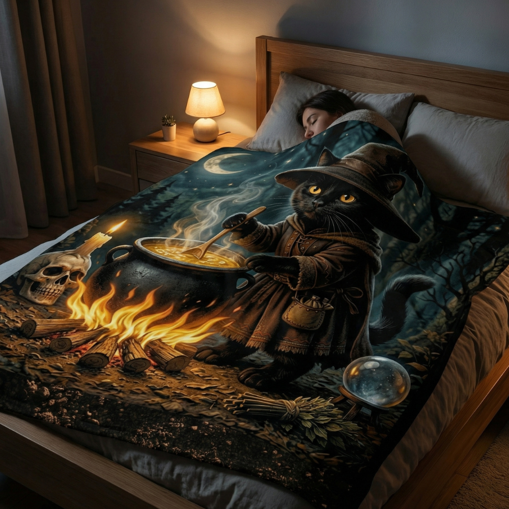 Black Cat Cauldron Wooded Fleece Comfort Blanket