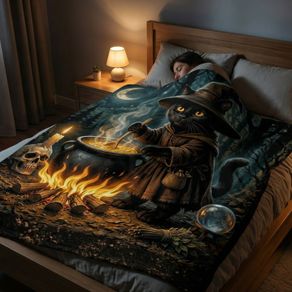 Black Cat Cauldron Wooded Fleece Comfort Blanket