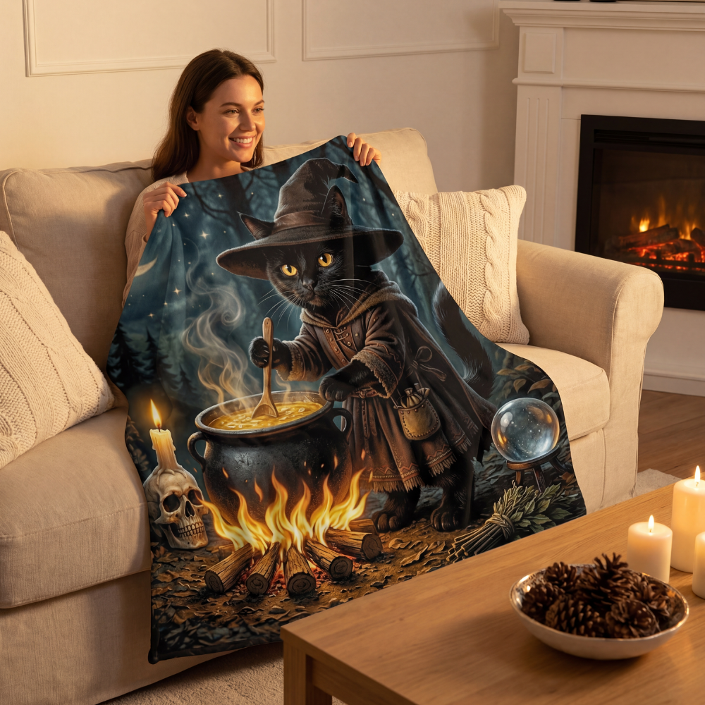 Black Cat Cauldron Wooded Fleece Comfort Blanket