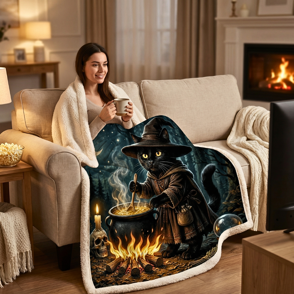 Black Cat Cauldron Wooded Fleece Comfort Blanket