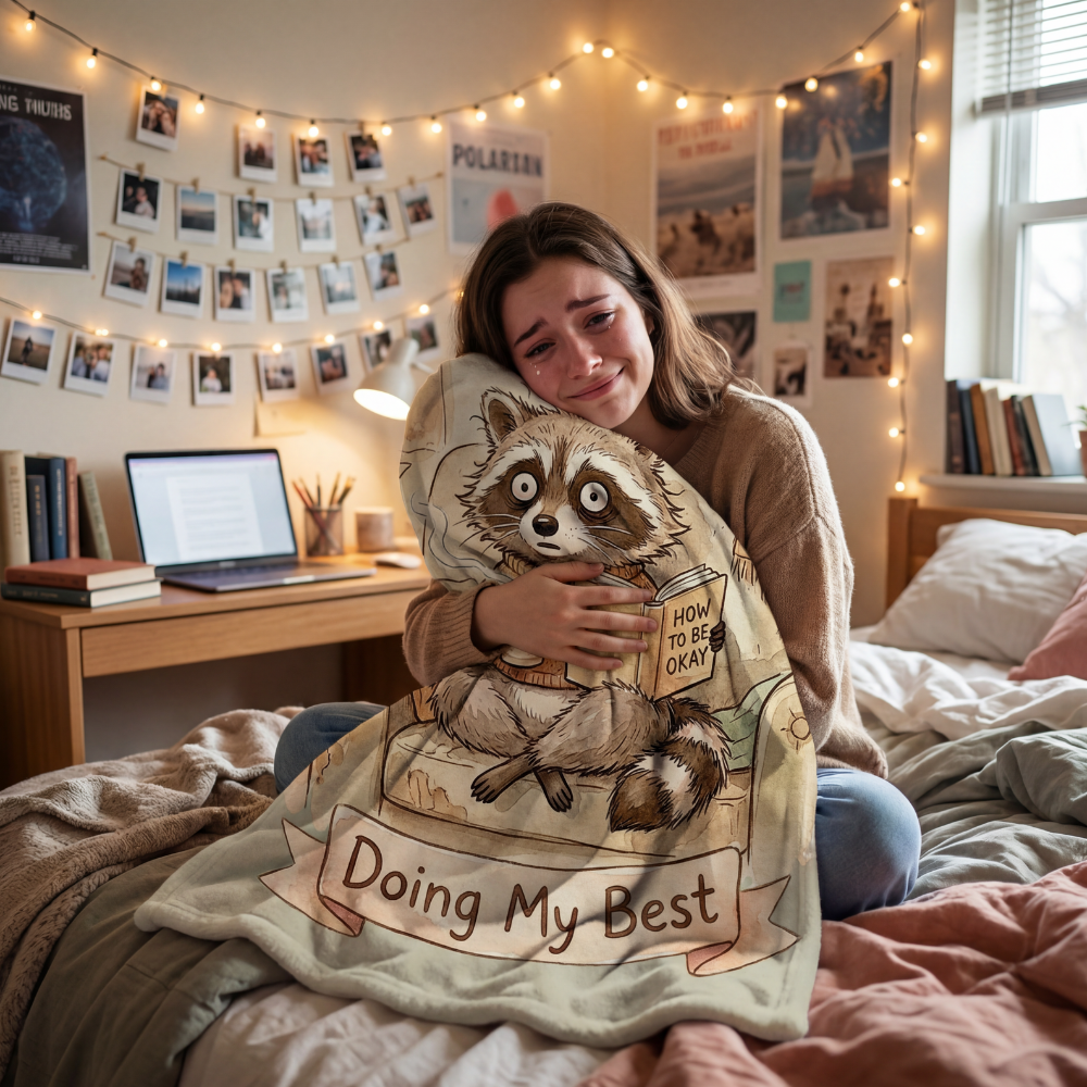 Doing My Best” Raccoon Comfort Blanket – For Burnt‑Out, Big‑Feeling Humans