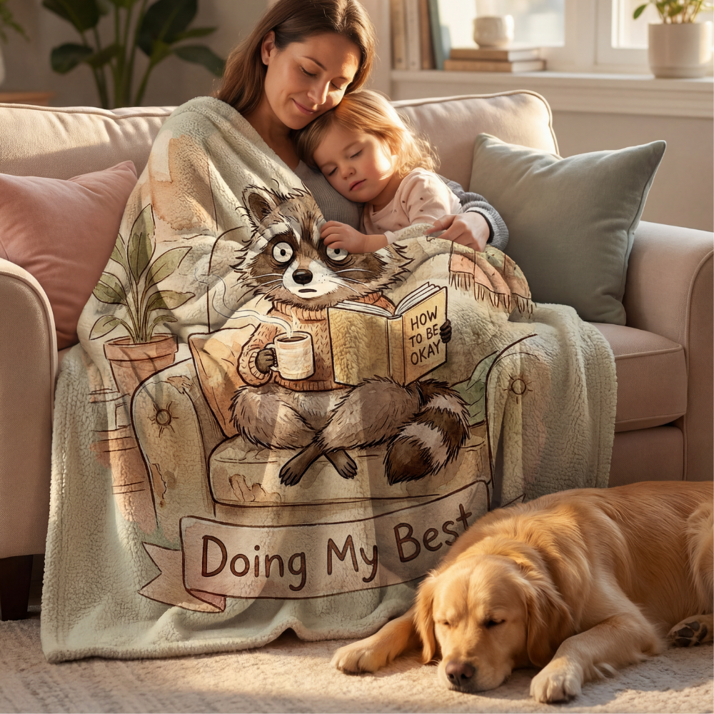 Doing My Best” Raccoon Comfort Blanket – For Burnt‑Out, Big‑Feeling Humans