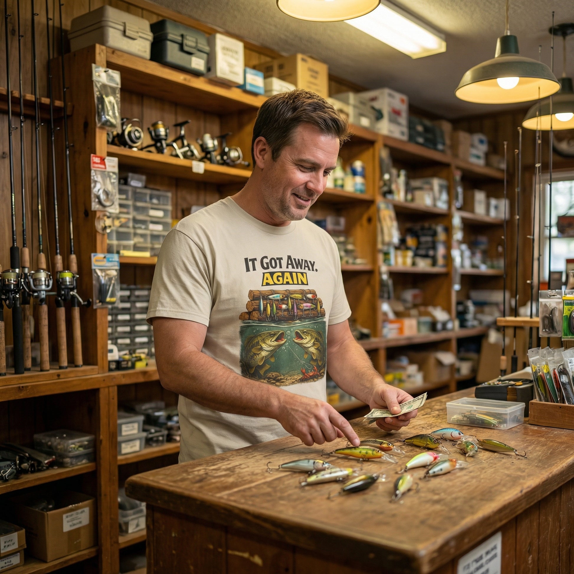 Fisherman in tackle shop wearing ‘It Got Away Again’ bass fishing shirt surrounded by lures