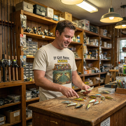 Fisherman in tackle shop wearing ‘It Got Away Again’ bass fishing shirt surrounded by lures