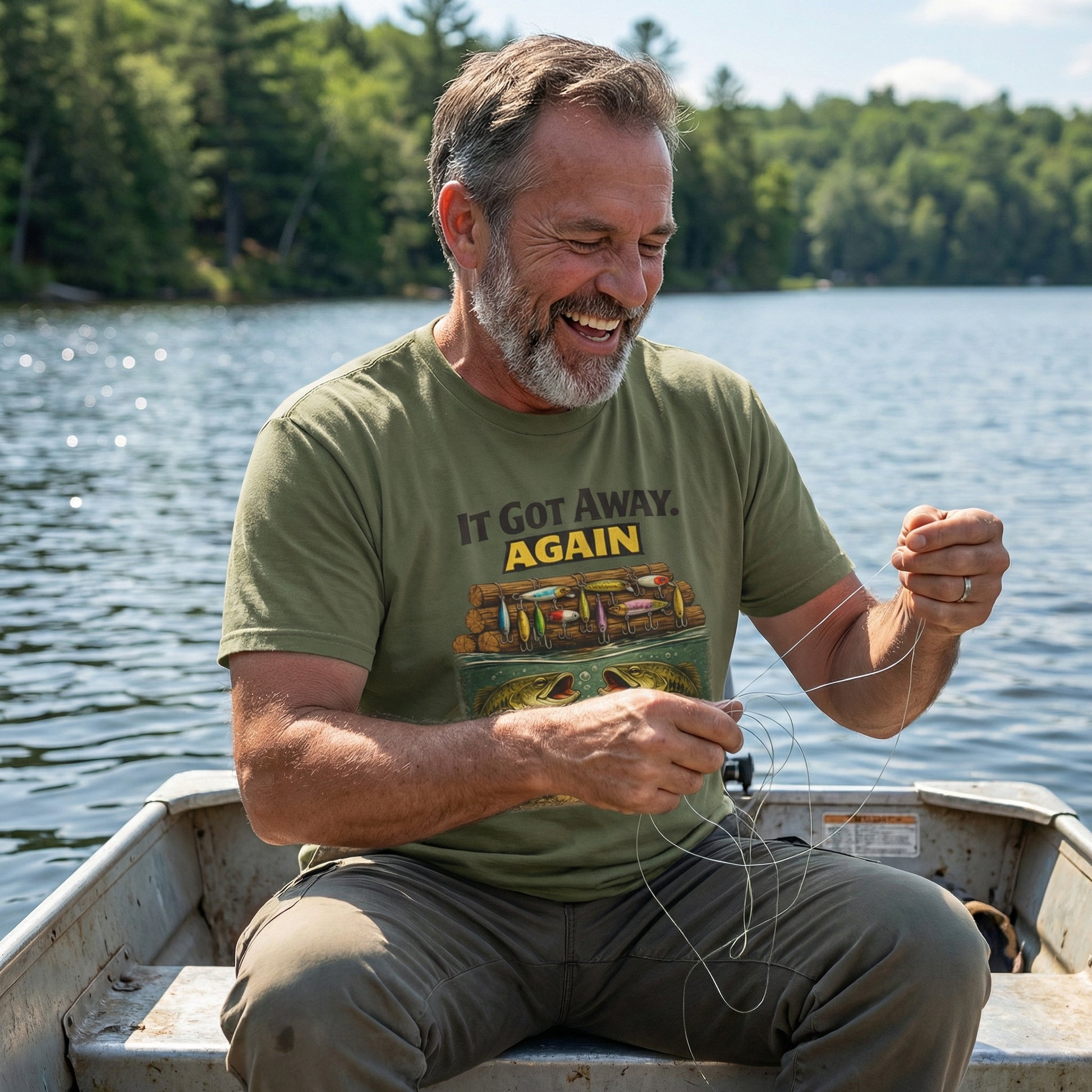 Fisherman wearing ‘It Got Away Again’ fishing t‑shirt while sitting in boat