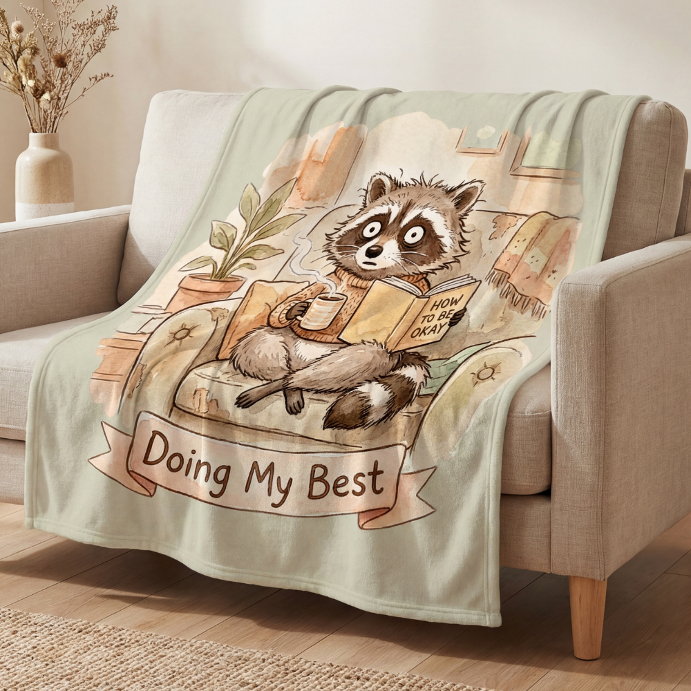 Doing My Best” Raccoon Comfort Blanket – For Burnt‑Out, Big‑Feeling Humans