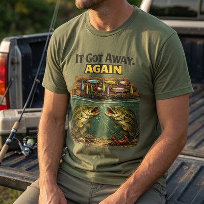 It Got Away Again’ bass fishing graphic t‑shirt close‑up on chest