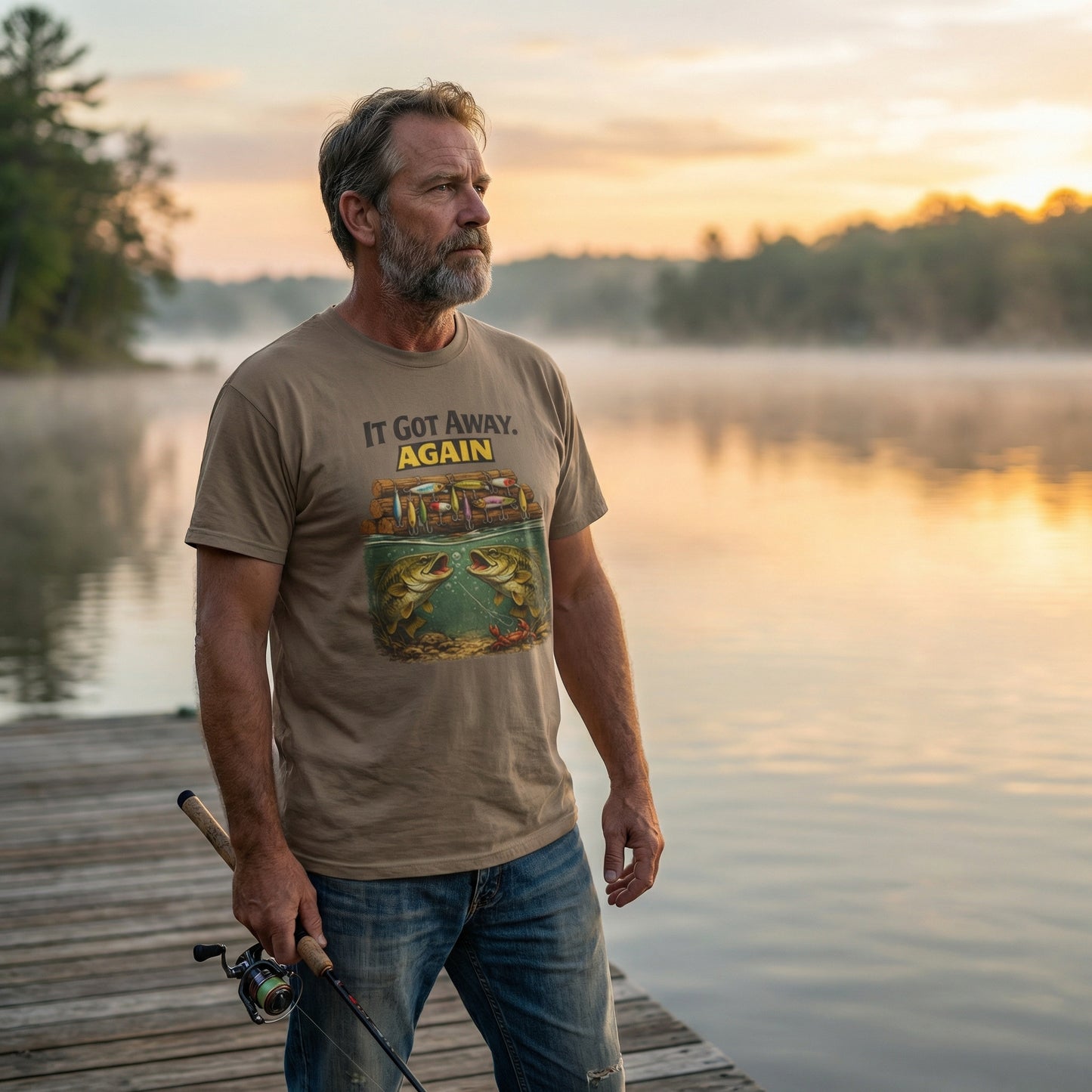 It Got Away Again’ fishing t‑shirt in brown savana color on flat lay