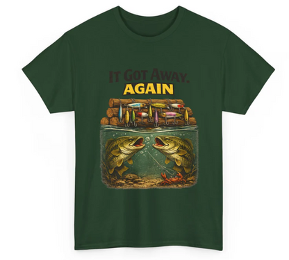 It Got Away Again’ fishing t‑shirt in military green for fishermen and anglers