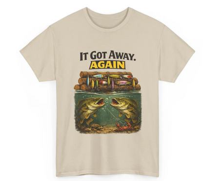 It Got Away Again’ fishing t‑shirt in sand for fishermen and anglers