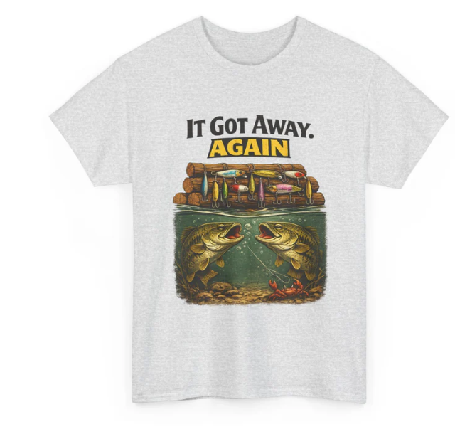 It Got Away Again’ fishing t‑shirt in white on flat lay