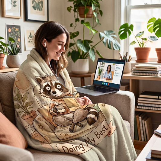 Doing My Best” Raccoon Comfort Blanket – For Burnt‑Out, Big‑Feeling Humans