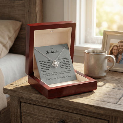 Always Love Knot necklace gift box shown from angled view