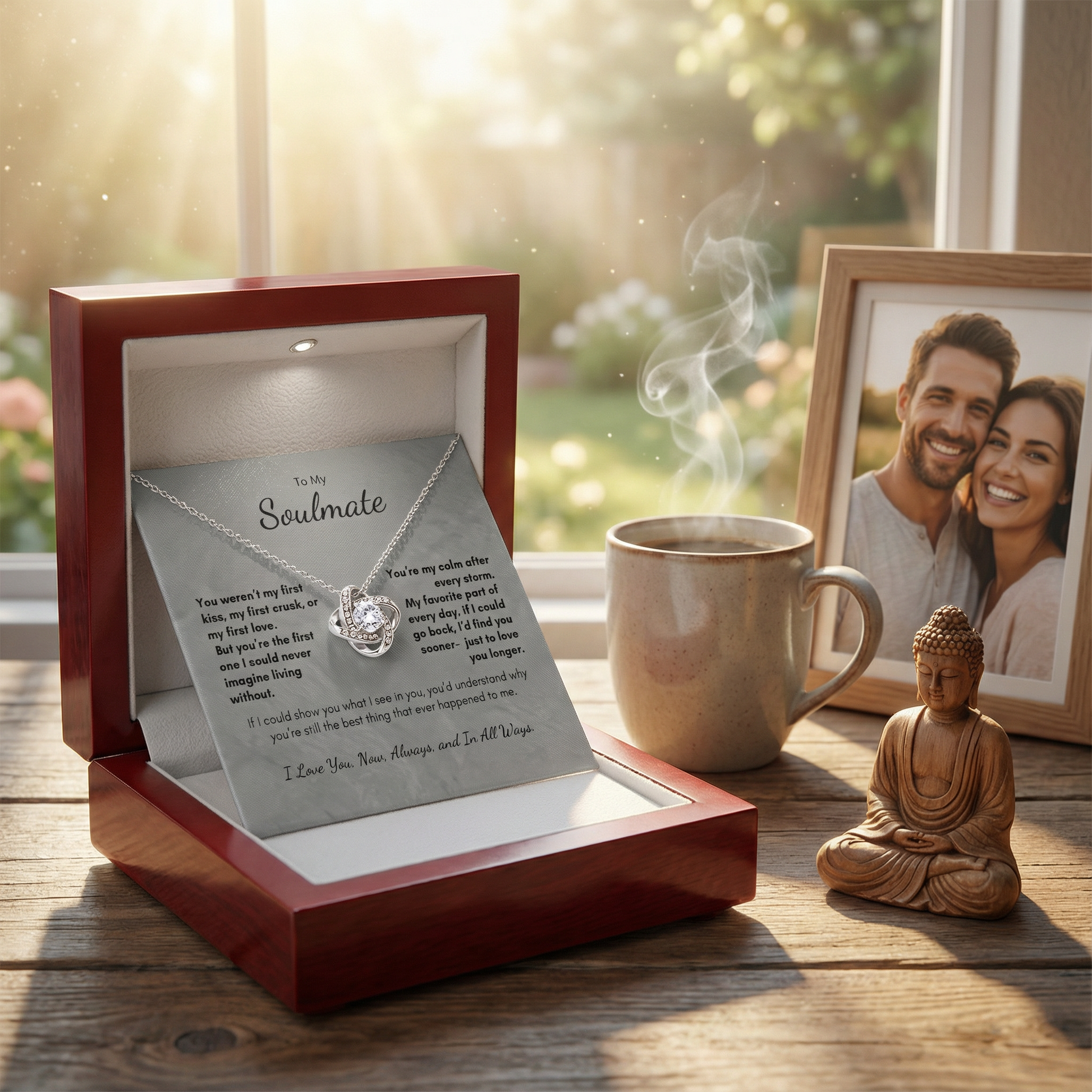 Always Love Knot necklace gift displayed in romantic lifestyle setting