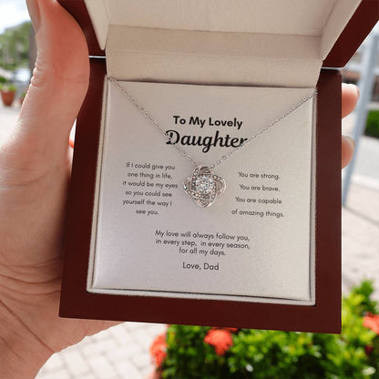 Love knot necklace gift from dad to daughter presented in a luxury mahogany gift box