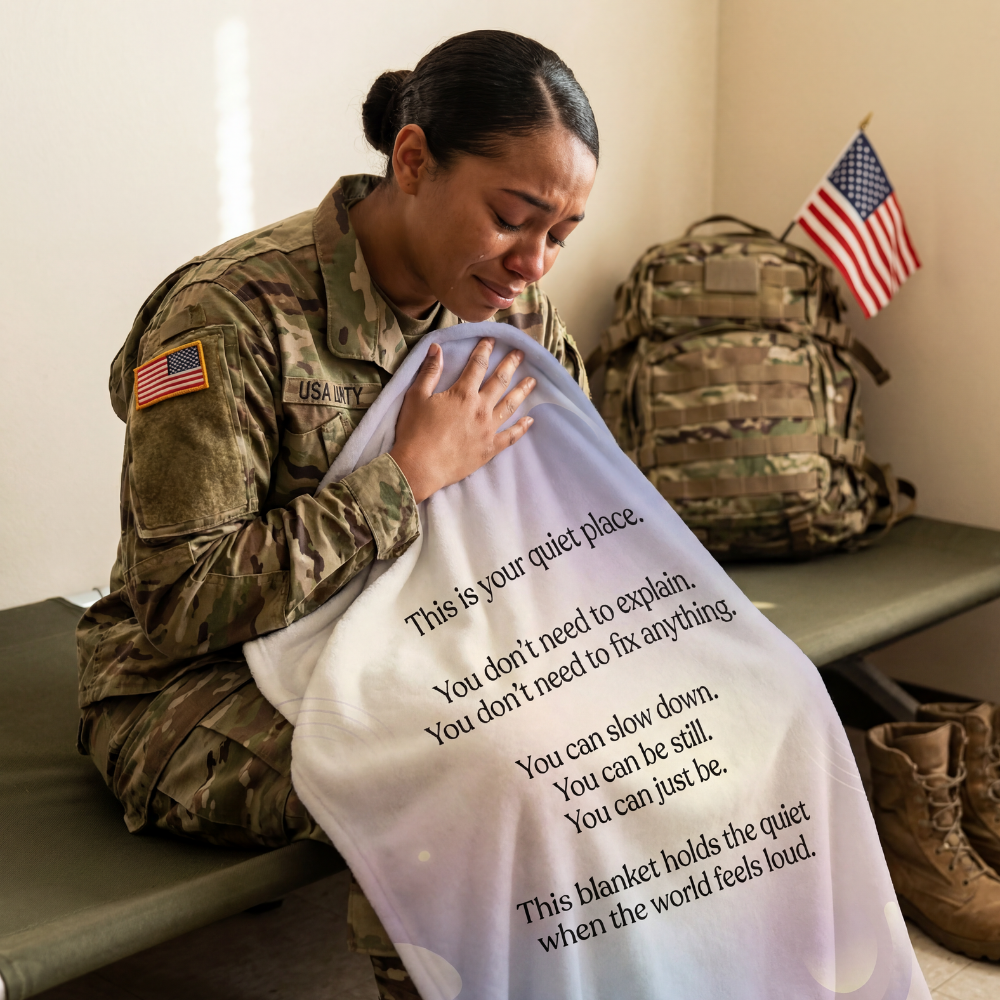 Military-Woman holding a sensory comfort blanket for emotional reassurance and calm