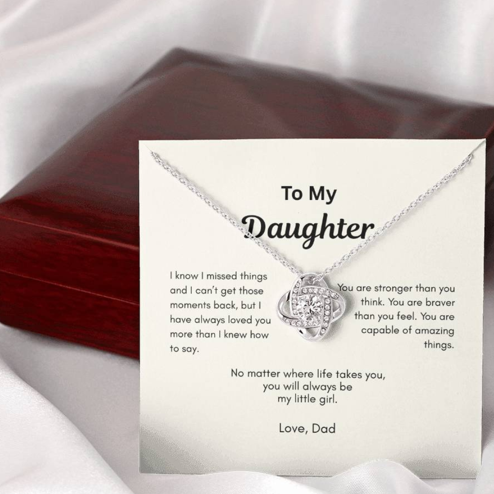 Father to daughter Love Knot necklace gift displayed inside premium gift box with printed message card