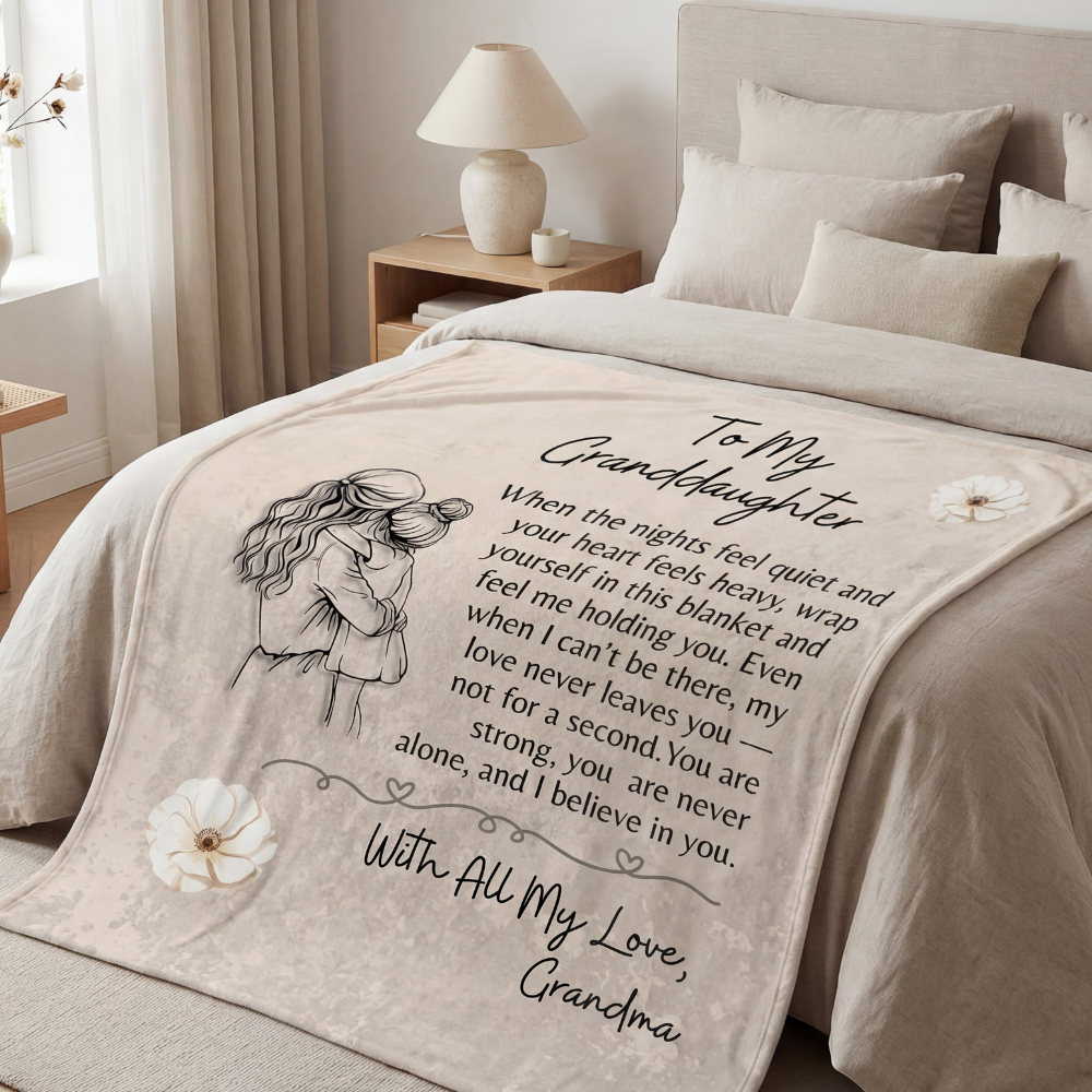 Granddaughter blanket from Grandma displayed on a bed in a bright neutral bedroom.