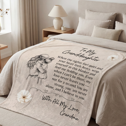 Granddaughter blanket from Grandma displayed on a bed in a bright neutral bedroom.