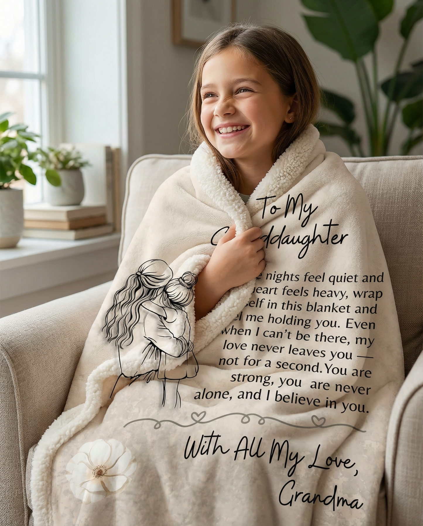 Child wrapped in a blanket with personalized message, sitting on a couch.
