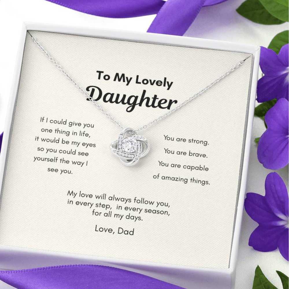 Love knot daughter necklace gift box with message card and floral background