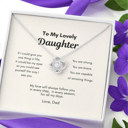 Love knot daughter necklace gift box with message card and floral background