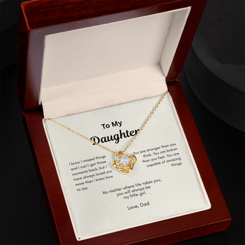Love Knot necklace for daughter from Dad shown in open mahogany gift box with heartfelt card