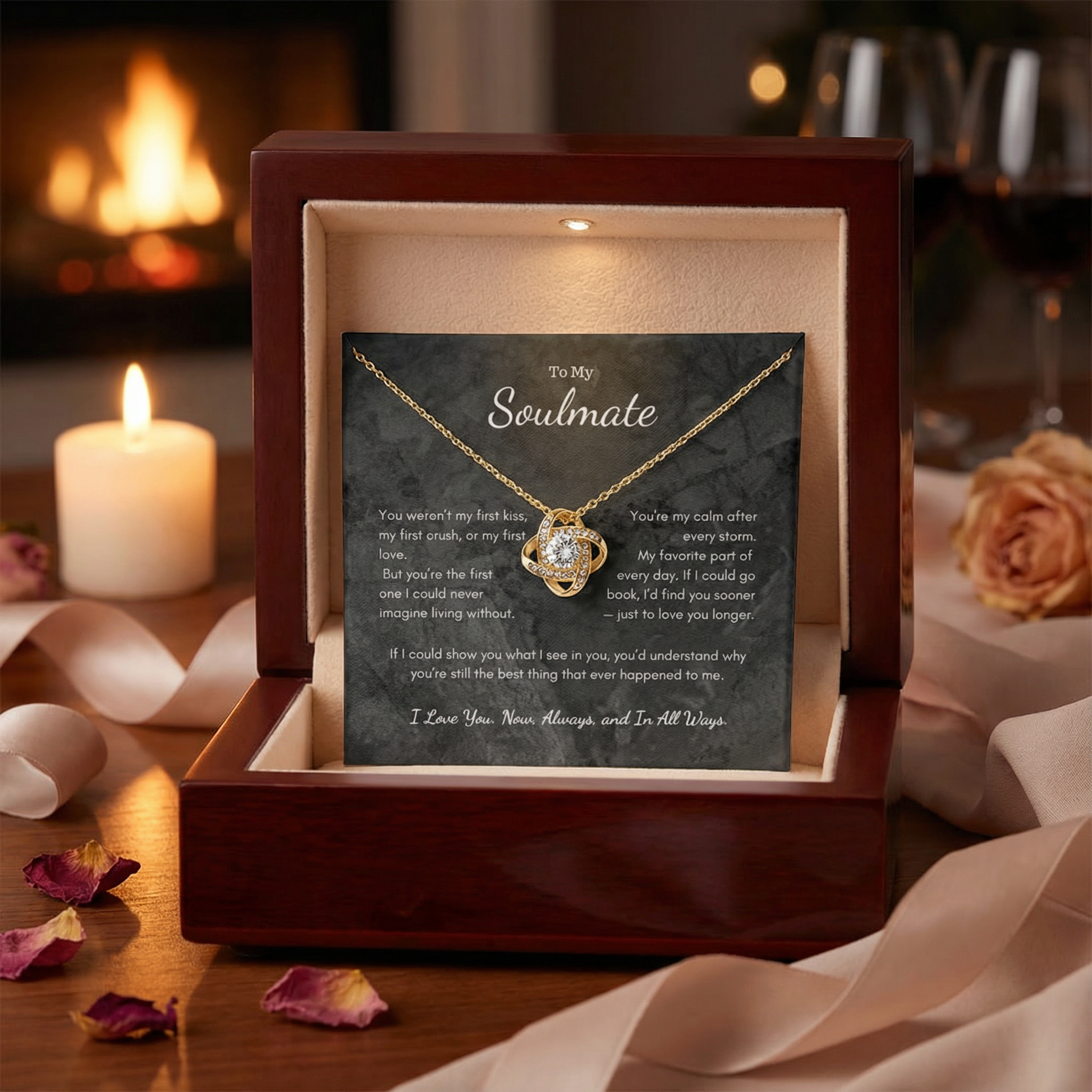 Love Knot necklace displayed in luxury gift box with romantic candle background