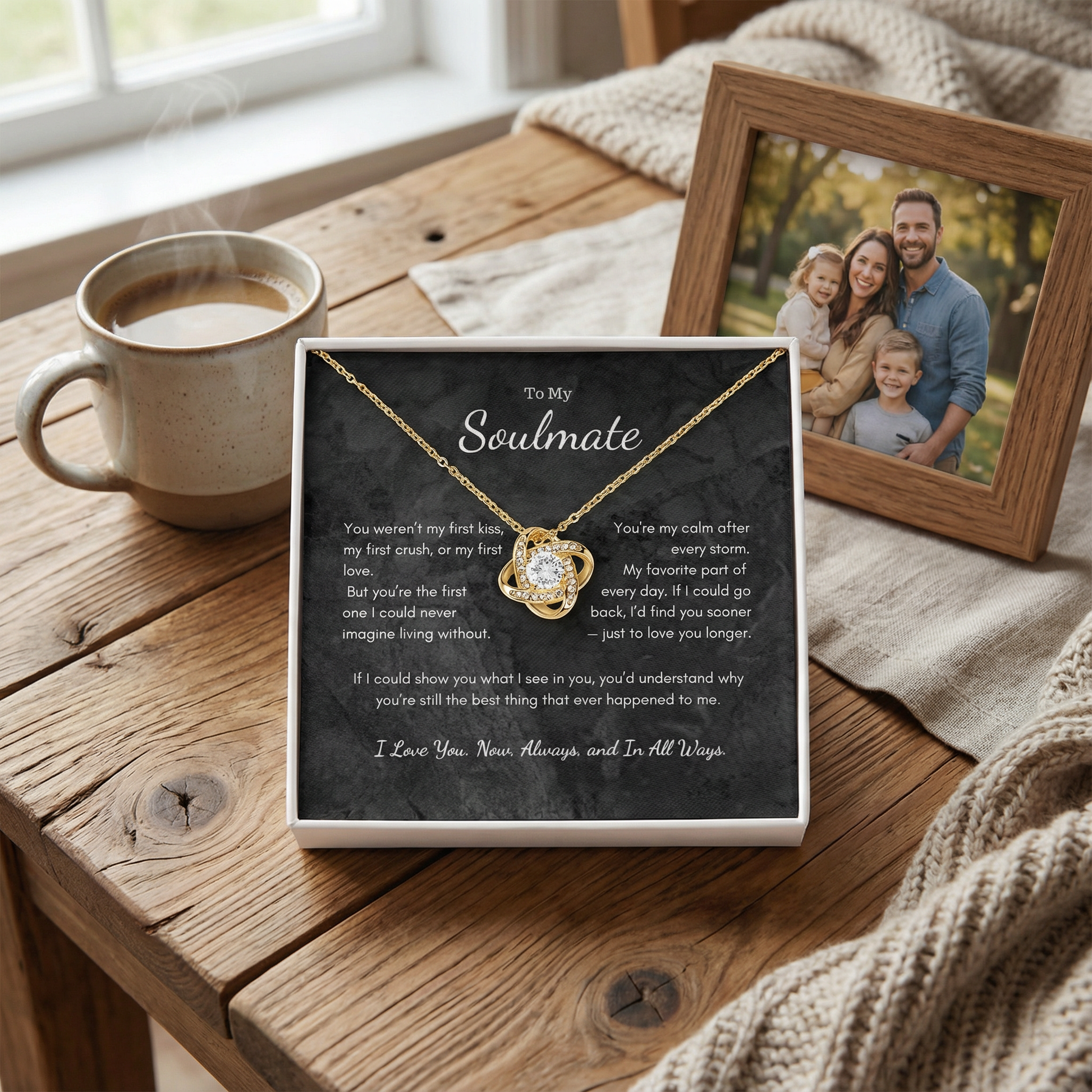 Love Knot necklace gift box on table with coffee and framed photo