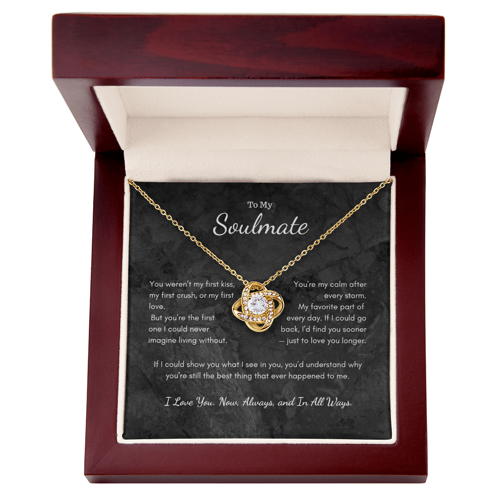 Love Knot necklace presented inside red velvet gift box