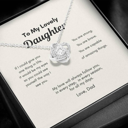 love knot pendant necklace with cubic zirconia stone on message card