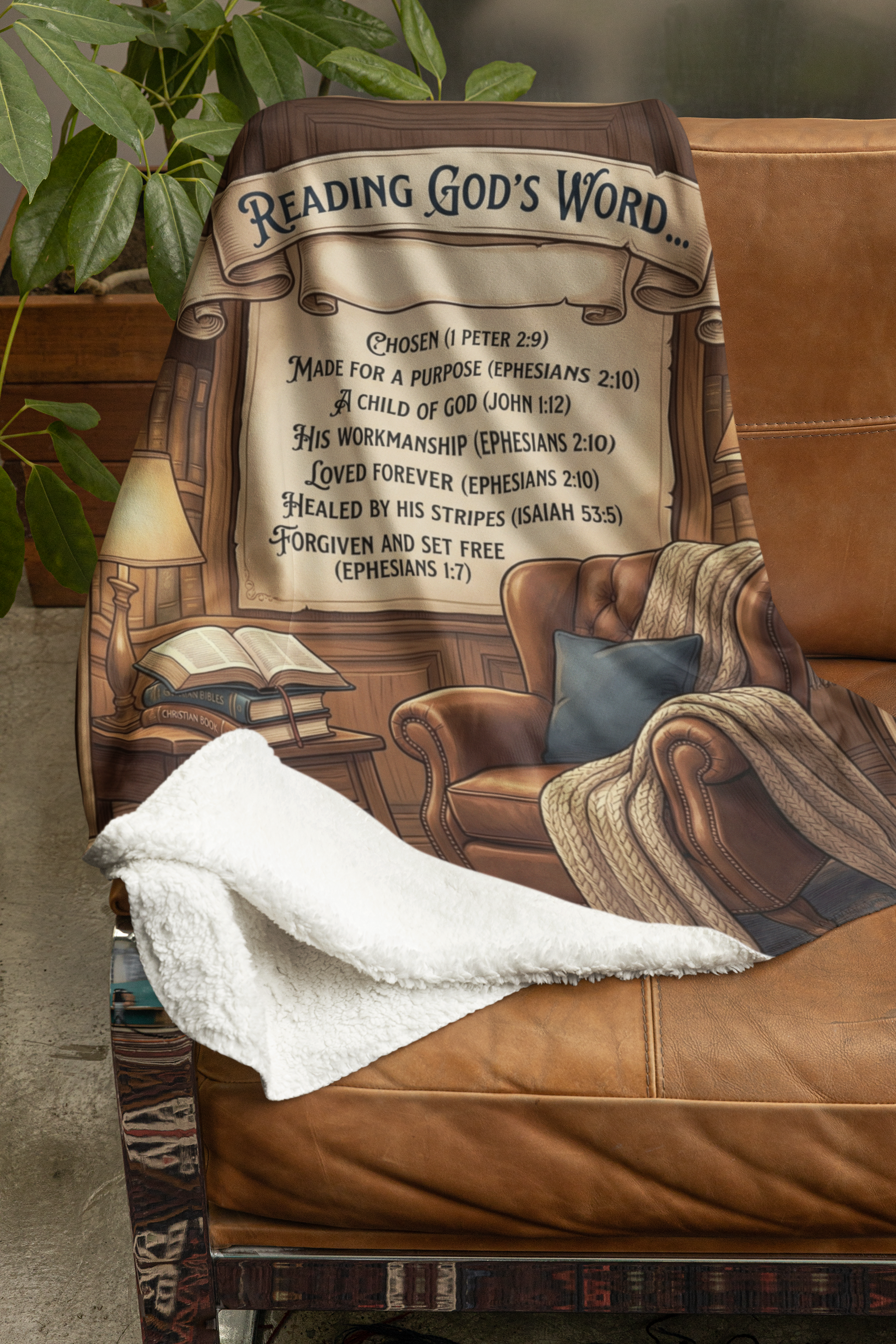 Christian faith blanket displayed in a peaceful home setting, featuring scripture-inspired affirmations for comfort, prayer, and reflection