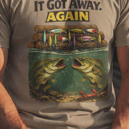 Short video showing ‘It Got Away Again’ funny fishing t‑shirt worn by fisherman outdoors