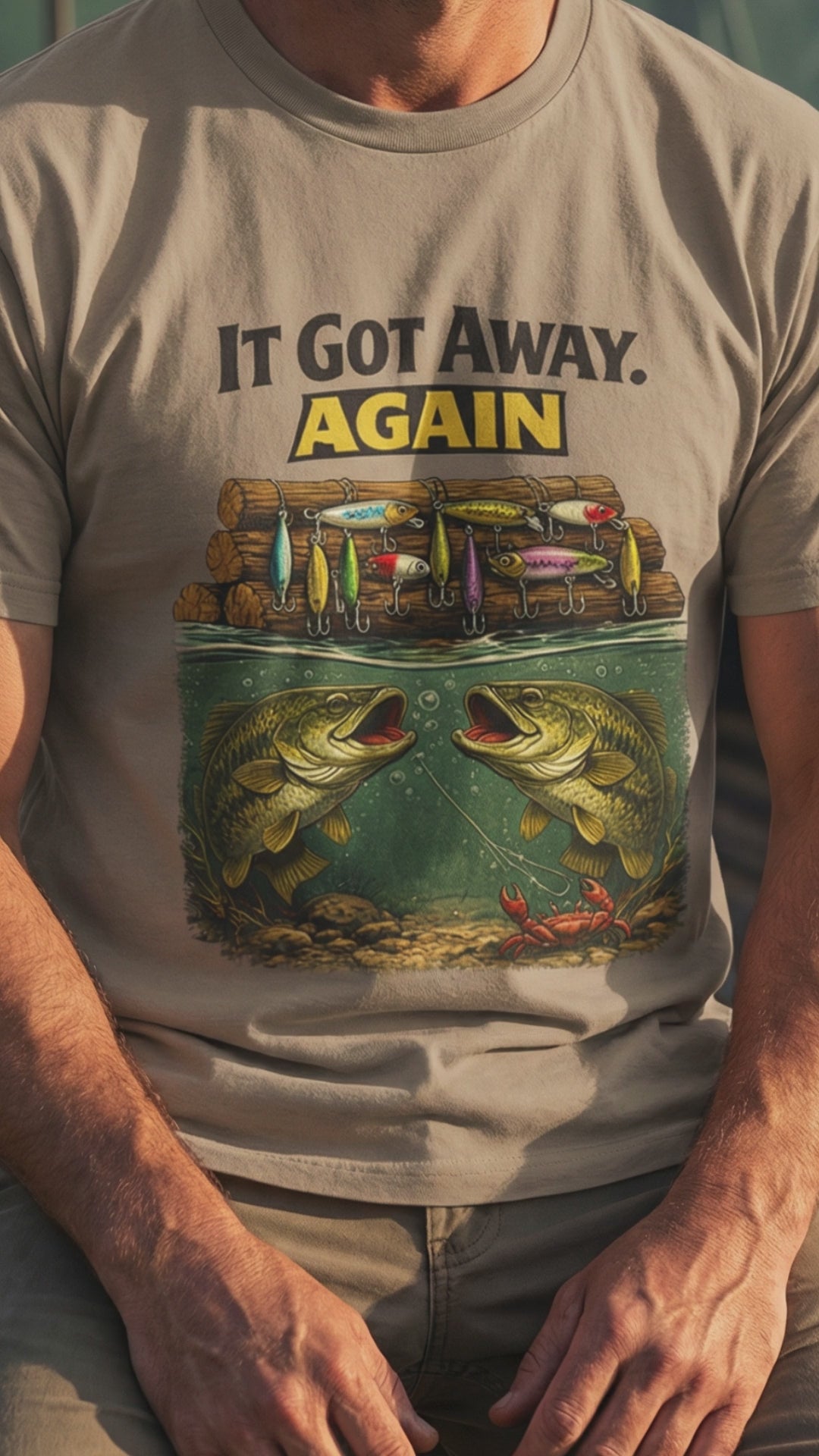 Short video showing ‘It Got Away Again’ funny fishing t‑shirt worn by fisherman outdoors