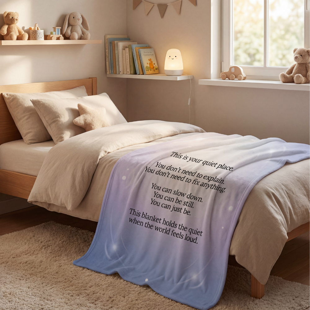 Sensory friendly comfort blanket on a child’s bed designed for calm and regulation