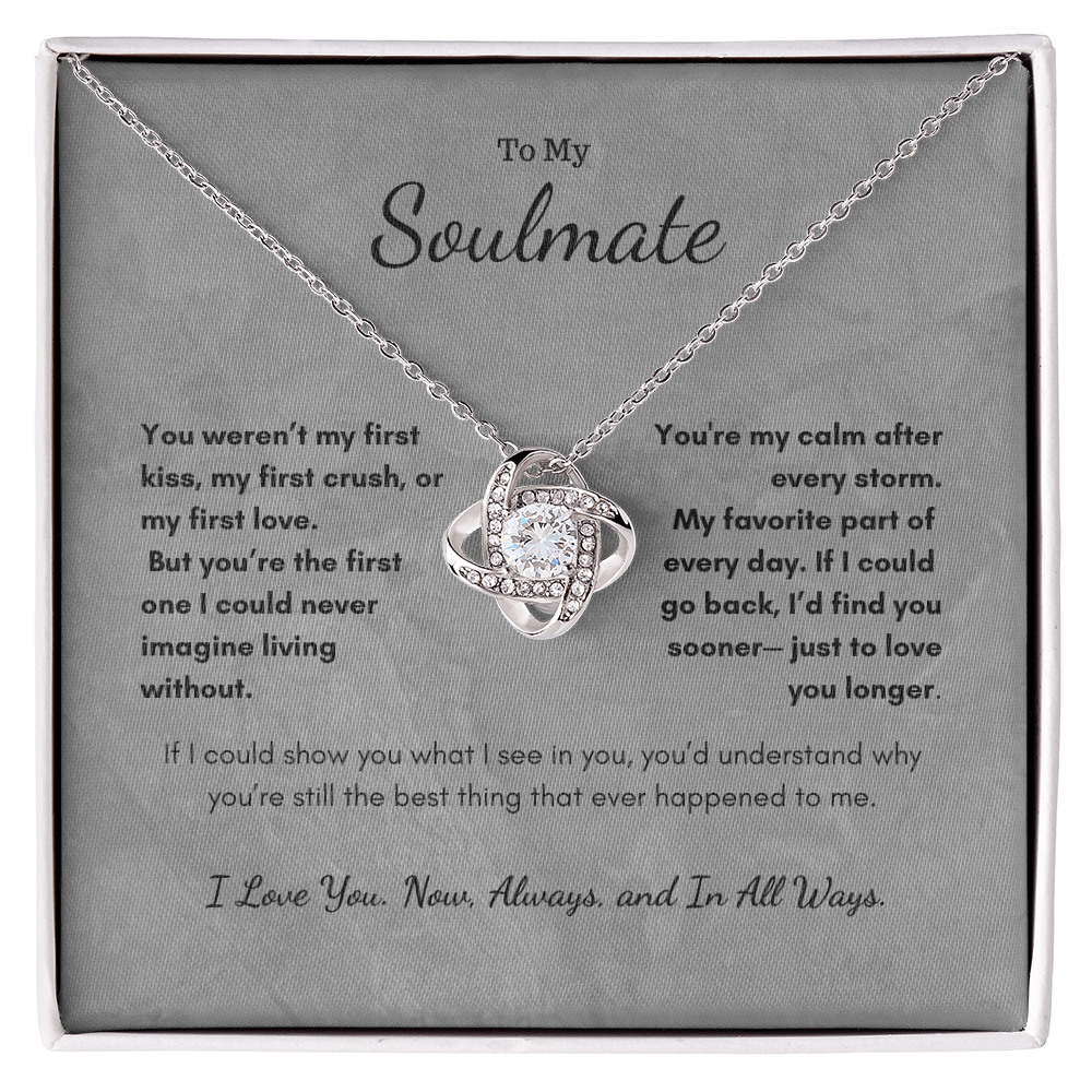 Silver Always Love Knot necklace displayed with soulmate message card