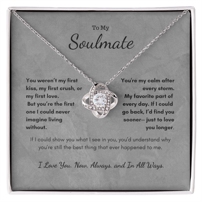 Silver Always Love Knot necklace displayed with soulmate message card