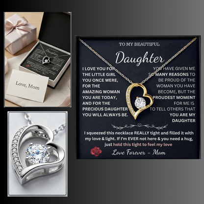 Gold heart To My Beautiful Daughter necklace from mom with message card and close up pendant collage